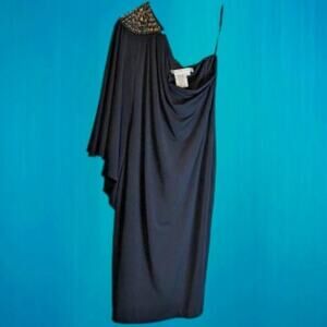 Maggy London sz 4 Navy one shoulder lined chiffon formal. fall/winter